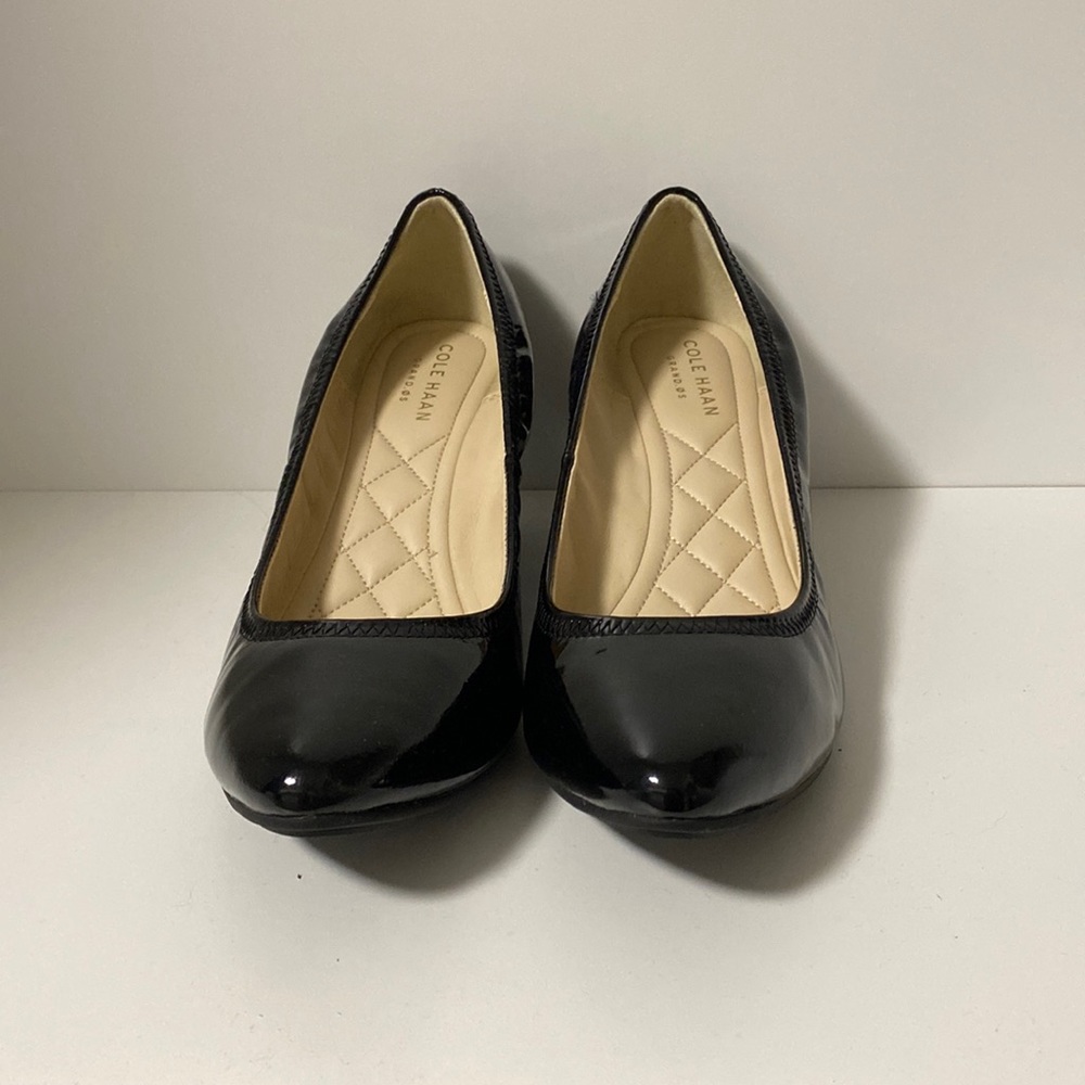Cole Haan patent black wedges